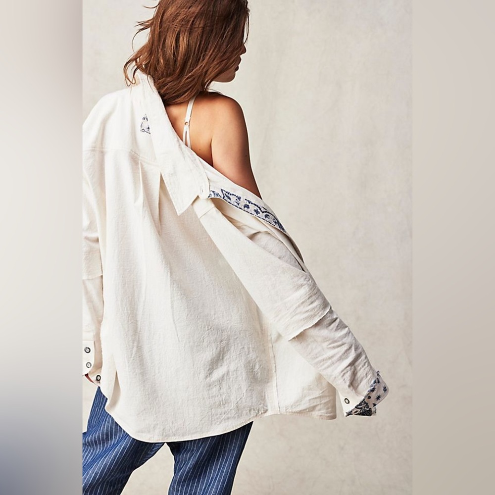 Free People White and Blue Button Down Shirt - Picture 5 of 12